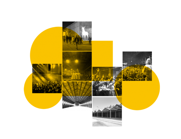 Collage di fotografie degli spazi e degli eventi di DumBO a Bologna, con capannoni industriali rigenerati, pubblico, performance artistiche e momenti di comunità all’interno del distretto urbano multifunzionale.